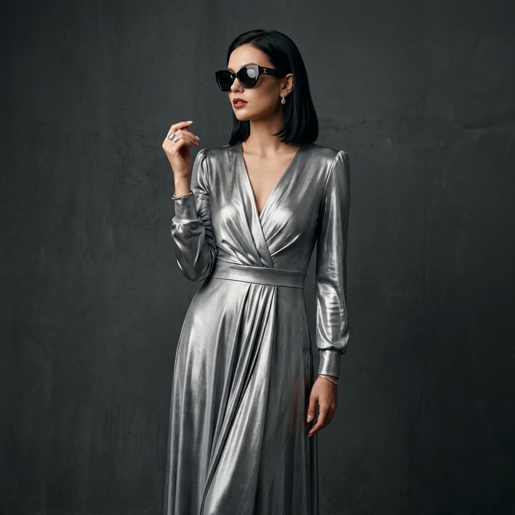 Fashion portrait of a female model in metallic silver dress