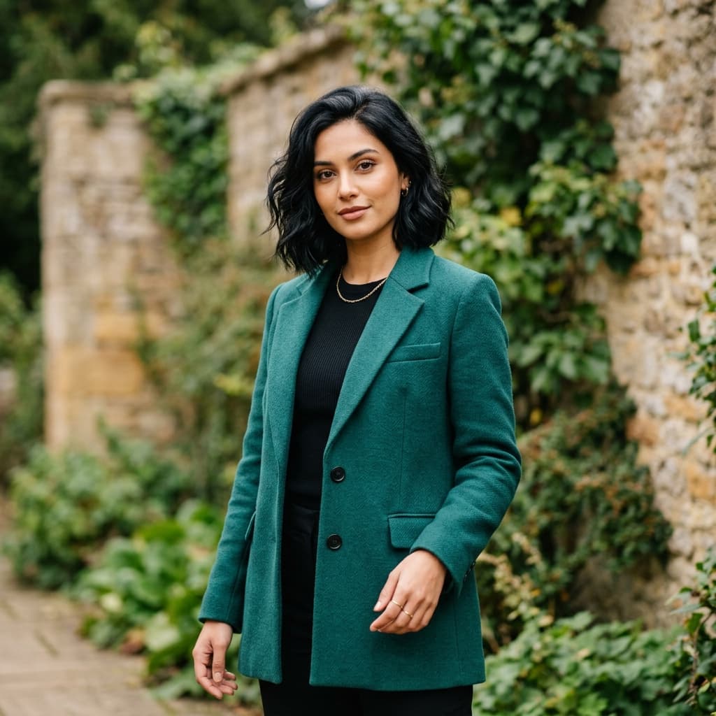 Fashion portrait of a female model in green jacket
